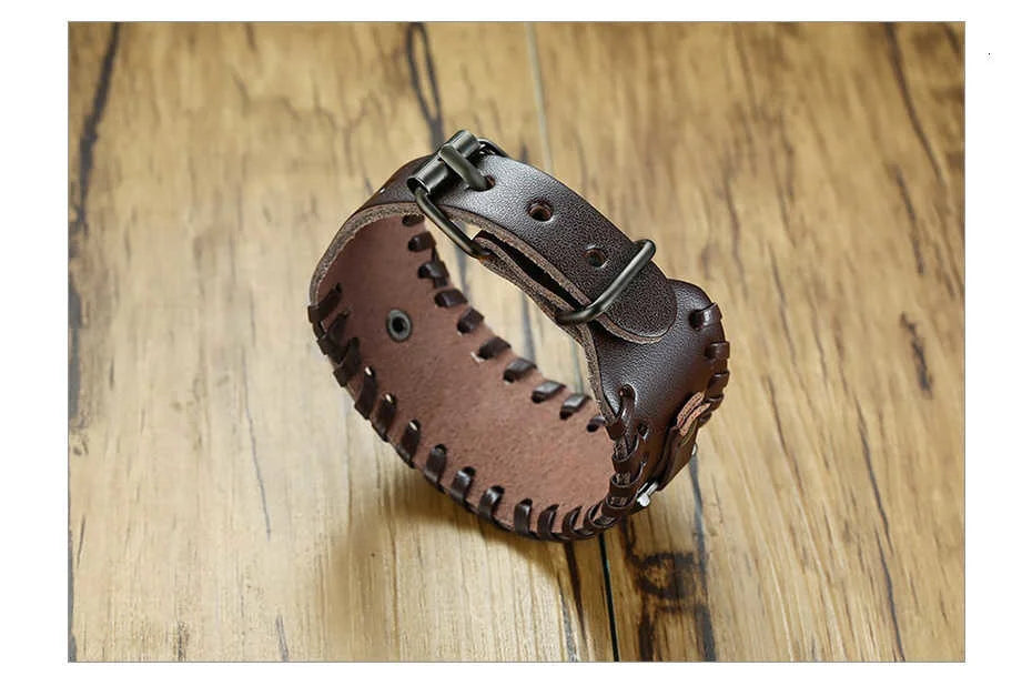 Vnox Wide Leather Wristband for Men Stylish Genuine Leather Bangle with Metal Charm Bracelets Punk Male Pulseira