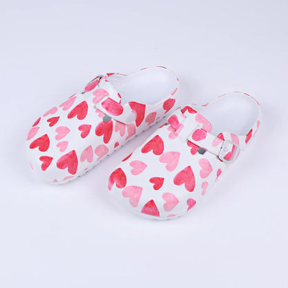 Women's Heart Print EVA Clogs Comfortable Lightweight Slip-On Sandals Soft Sole Ideal for Beach Garden Lab Surgical Work