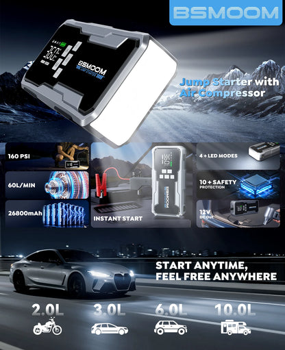 Car Jump Starter Pump Air Compressor Starting Device Booster Power Bank 12V Digital Tire Inflator 150PSI