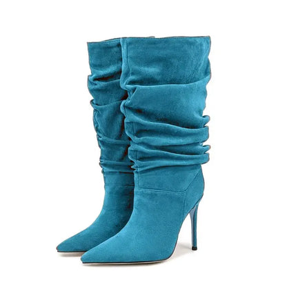 2025Women's Autumn and Winter New Pleated High-heeled Short Boots with Pointed Sleeves, Women's 35-47 Large Mid Length Boots