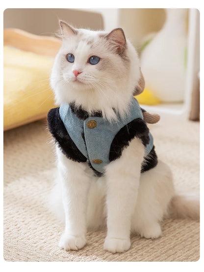 Cat autumn and winter thickened warm pocket three-dimensional bear denim traction vest small dog dog pet clothes