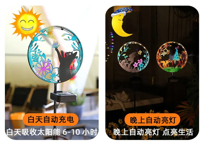 Solar Wrought Iron Cat Butterfly Ground Plug Lights, Outdoor Courtyard Projection, Lawn LampAtmosphere Decoration, Cross-Border