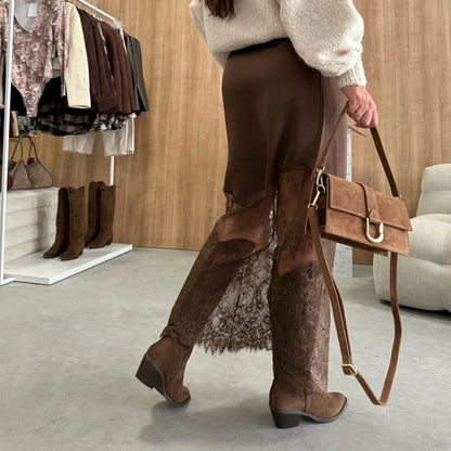 Lady Elegant Patchwork Lace Skirts Fashion High Waist Slim Hollow Out Maxi Skirts 2026 Autumn Women Brown Party Club Skirt