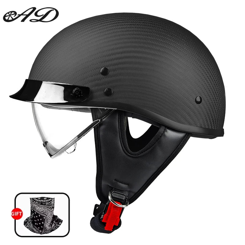    Best Seller Carbon Fiber Retro Motorcycle Half Face Helmet with Comfortable Lining Protective Goggles Helmet Factory Wholesale