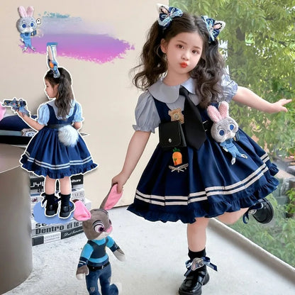 Judy Officer Costumes Short-Sleeved Lolita Dress Girls Halloween Carnival Cosplay Rabbit Fancy Dress Birthday Gift for Girls