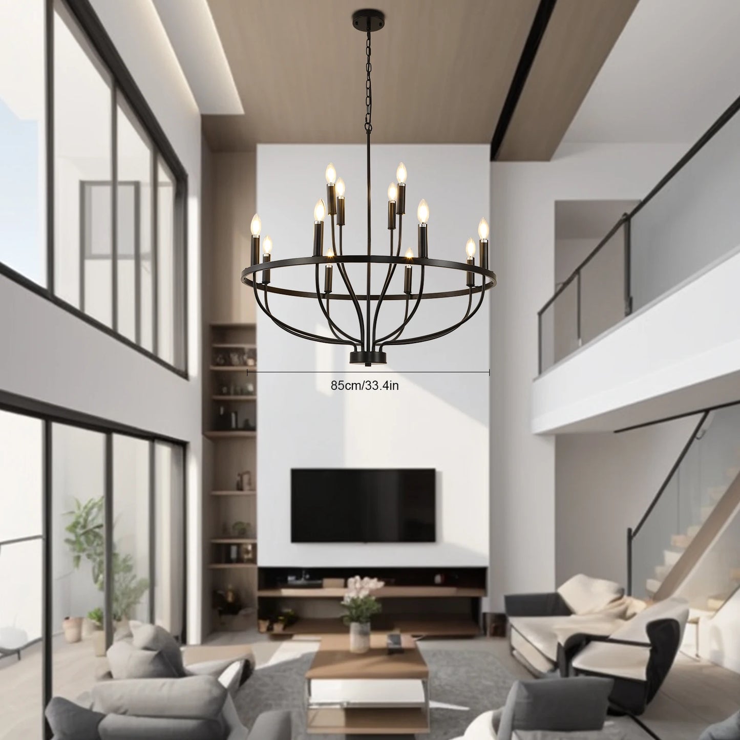 12-Light Black Chandelier Diam 33.46 inch, Farmhouse Industrial Country Style Large Round Pendant Light Fixture for Dining Room