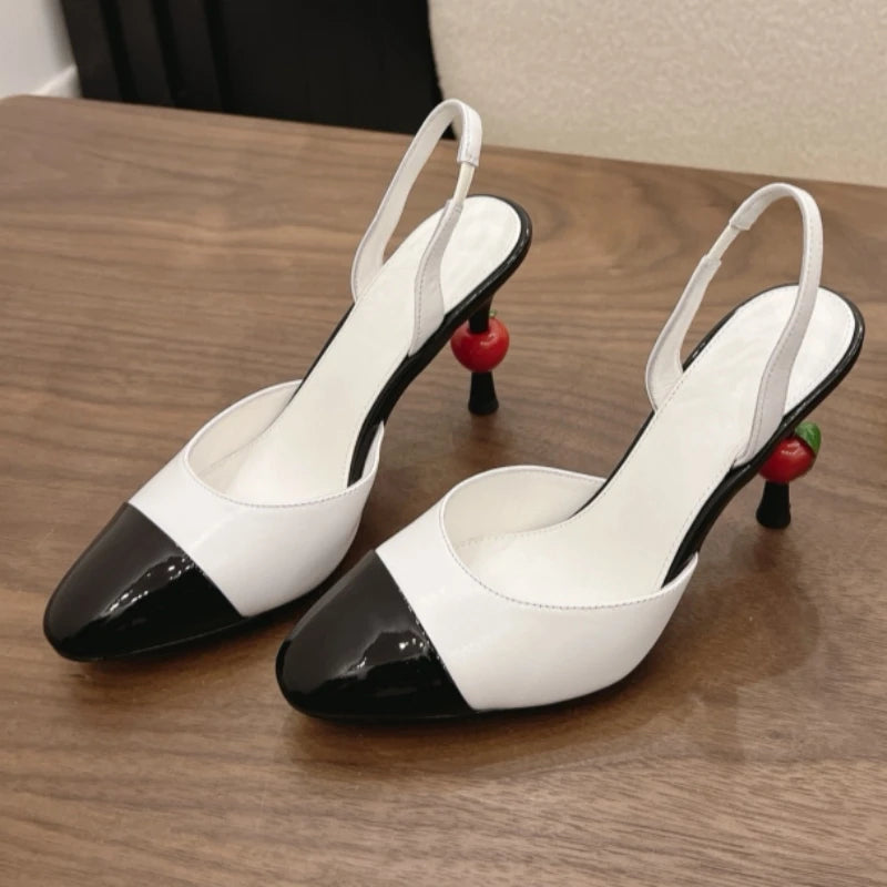 2026 Summer New Elegant Female Shoes Patchwork Pointed-Toe Stiletto Heels Sandals Luxury Trendy Back Strap Cherry High Heels 9cm
