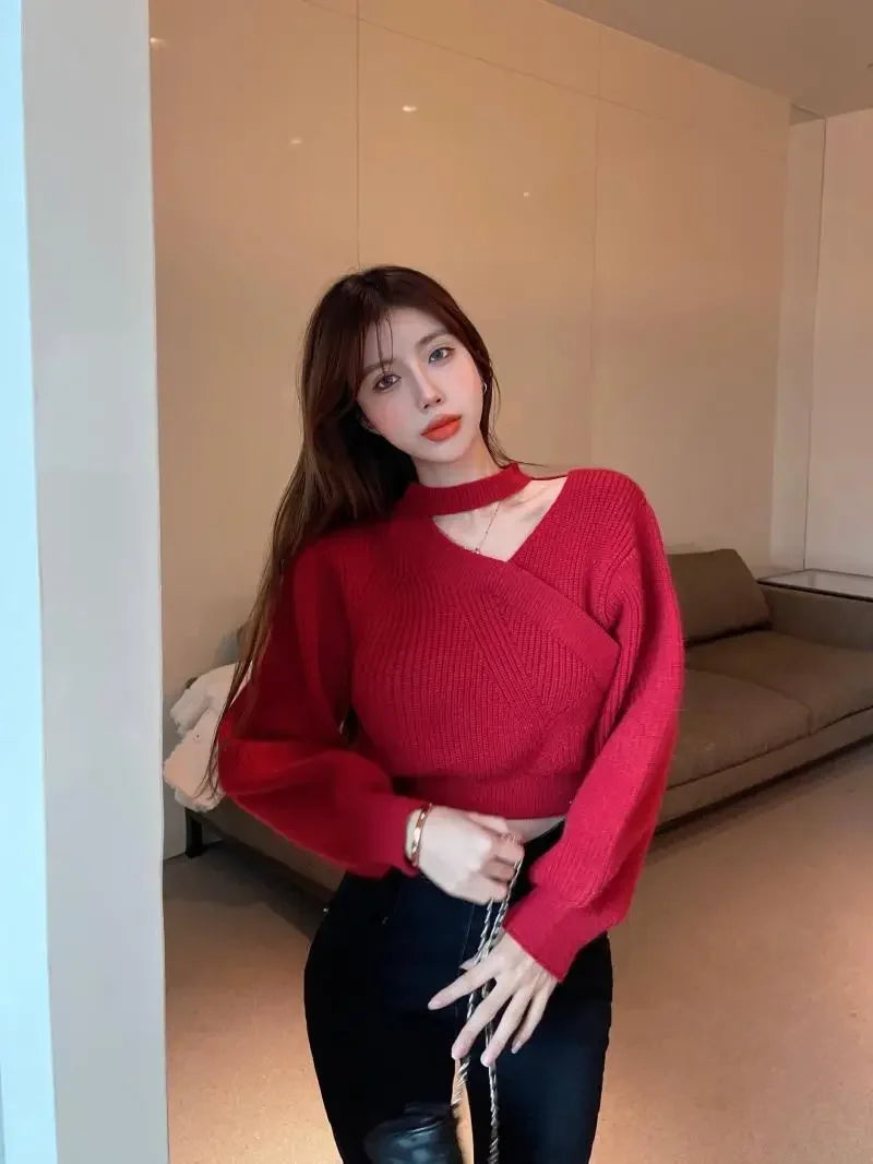 2024 New Halter Neck Off-the-shoulder Cropped Sweater Women's Autumn/winter Outerwear Waist-fitted Korean Knitted Top Sleeve