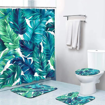 Banana Leaf Shower Curtain Set Non-Slip Rug Bathroom Accessories Tropical Palm Plant    Botanical Floral Green