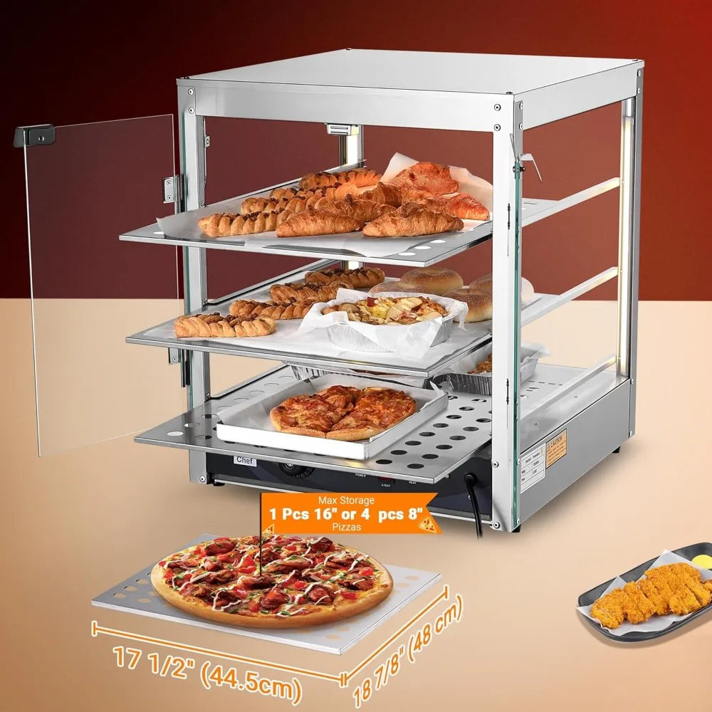20" Commercial Countertop Food 3-Tier Pizza Warmer with LED Adjustable Lighting Food Heater Display Case Stainless Steel for Fo