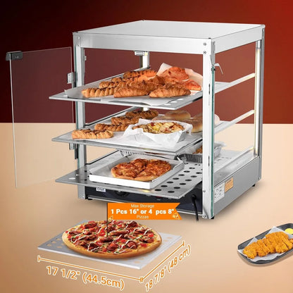 20" Commercial Countertop Food 3-Tier Pizza Warmer with LED Adjustable Lighting Food Heater Display Case Stainless Steel for Fo