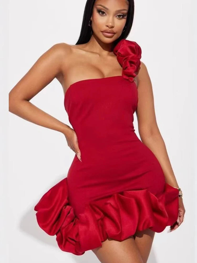 Womens Red Evening Dress Sexy One Shoulder Party Wear Strapless Red Dress Skinny Summer Ruffle Hem Dress Wholesale Dropshipping