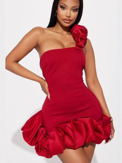 Womens Red Evening Dress Sexy One Shoulder Party Wear Strapless Red Dress Skinny Summer Ruffle Hem Dress Wholesale Dropshipping