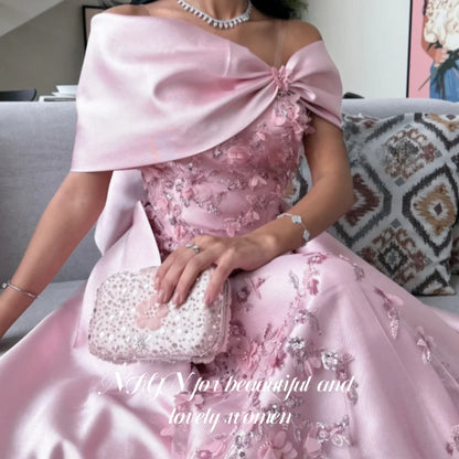 NFYN Pink Elegant Prom Dresses Off the Shoulder Pleating Appliques Party Dress Satin 3D-Bow Mermaid Evening Dresses Customized