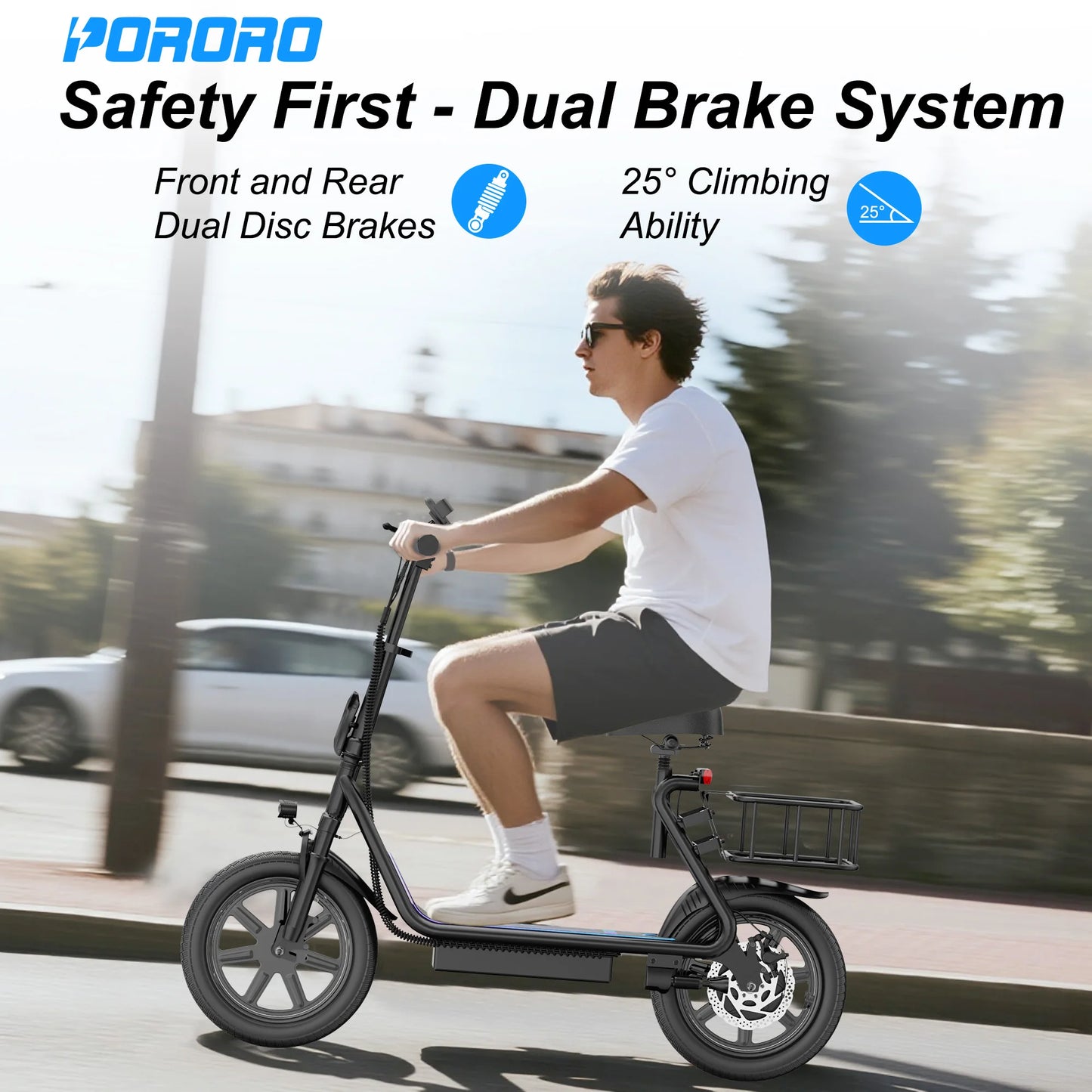 PORORO 14inch Electric Bicycle 10.5AH Battery 28Miles Max Range 22MPH Max Speed Shock Absorption Foldable E Scooter with Seat