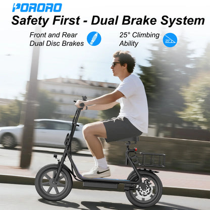 PORORO 14inch Electric Bicycle 10.5AH Battery 28Miles Max Range 22MPH Max Speed Shock Absorption Foldable E Scooter with Seat