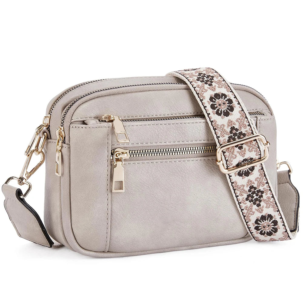 Stylish Wide Strap Shoulder Bag Women's Multiple Pockets Faux Leather Crossbody Bags Adjustable Strap  Travel Handbag Purse