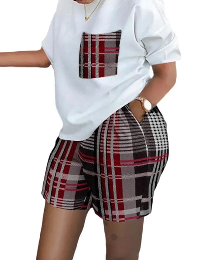 Ladies Casual Summer Two Piece Sets Printed Shorts Sets Women Round Neck Short Sleeve T Shirts Pullover High Waist Trousers Suit