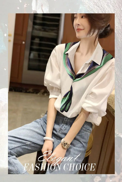 White Long Sleeve Polo Neck Office Shirt Tops Spring New Simplicity Solid Loose Temperament Blouse Fashion Elegant Women Clothes