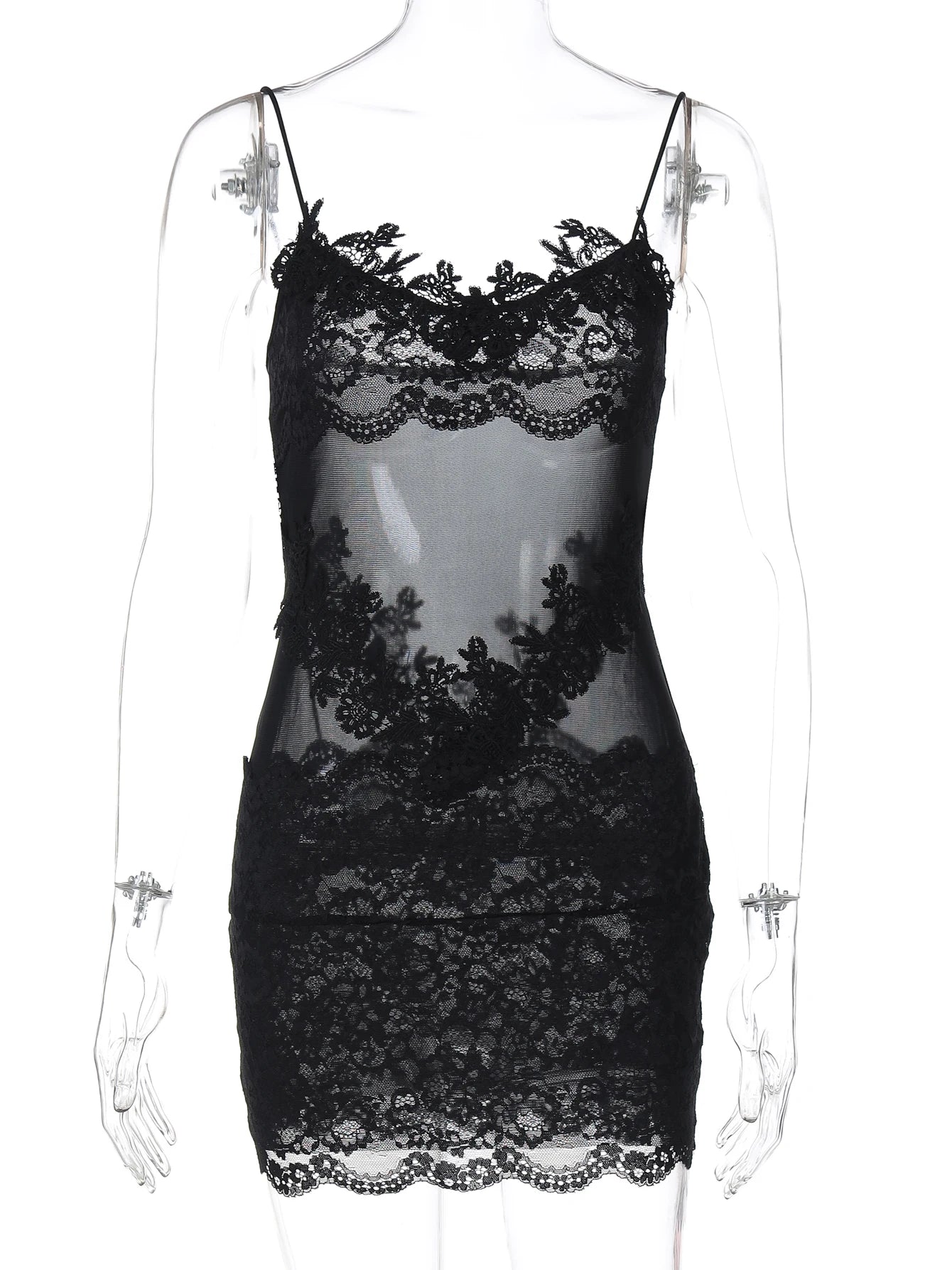 Hugcitar Women'S Fashion Lace Solid Slips Patchwork Sexy Slim See Through Mini Dress Summer Vacation Party Night Club Outfit