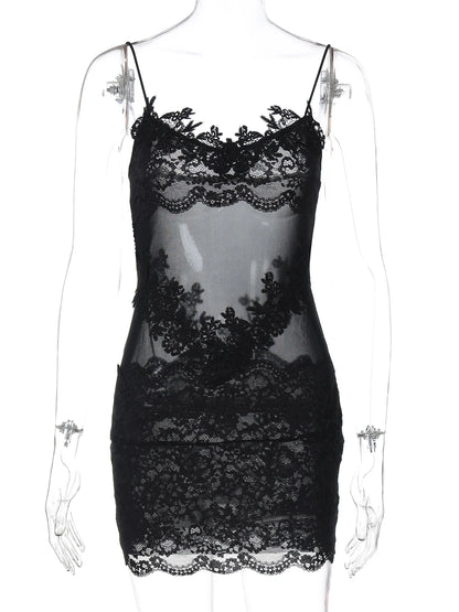 Hugcitar Women'S Fashion Lace Solid Slips Patchwork Sexy Slim See Through Mini Dress Summer Vacation Party Night Club Outfit