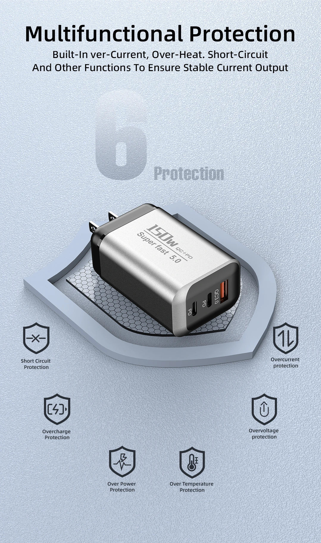 150W USB Type C Charger USB QC3.0 Fast Charging Mobile Phone Charger Travel Adapter For iPhone 17 Samsung Xiaomi EU/UK/US Plug