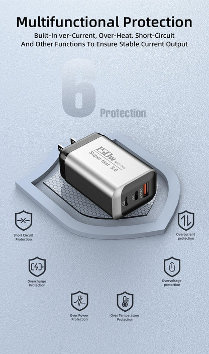 150W USB Type C Charger USB QC3.0 Fast Charging Mobile Phone Charger Travel Adapter For iPhone 17 Samsung Xiaomi EU/UK/US Plug
