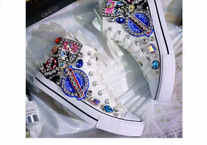 Woman Canvas Shoes Flat Platform Loafers Vulcanize Shoes Women Casual Classic Designer Brands Handmade Diamond Sneakers