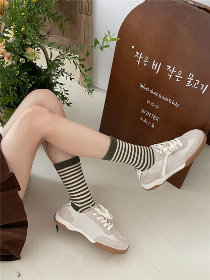 Korean Simple Colored Striped Cotton Socks Women’s Autumn Winter Breathable Middle Tube Socks College Style Trendy Casual Socks