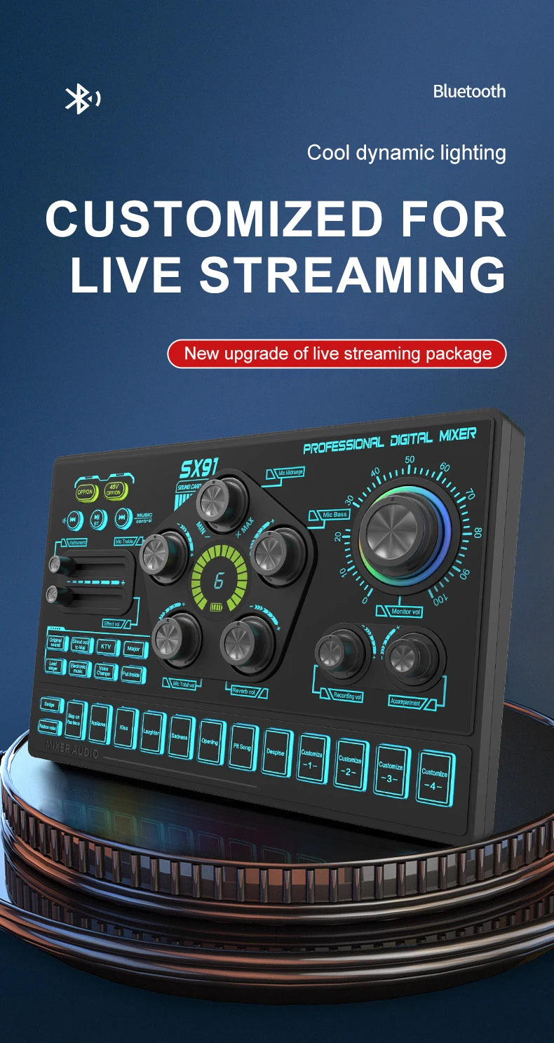 SX91 48V Audio Mixer with Voice changer,Podcast Mixer,Sound Card for Phone Gaming Karaoke Studio Live Streaming Podcast