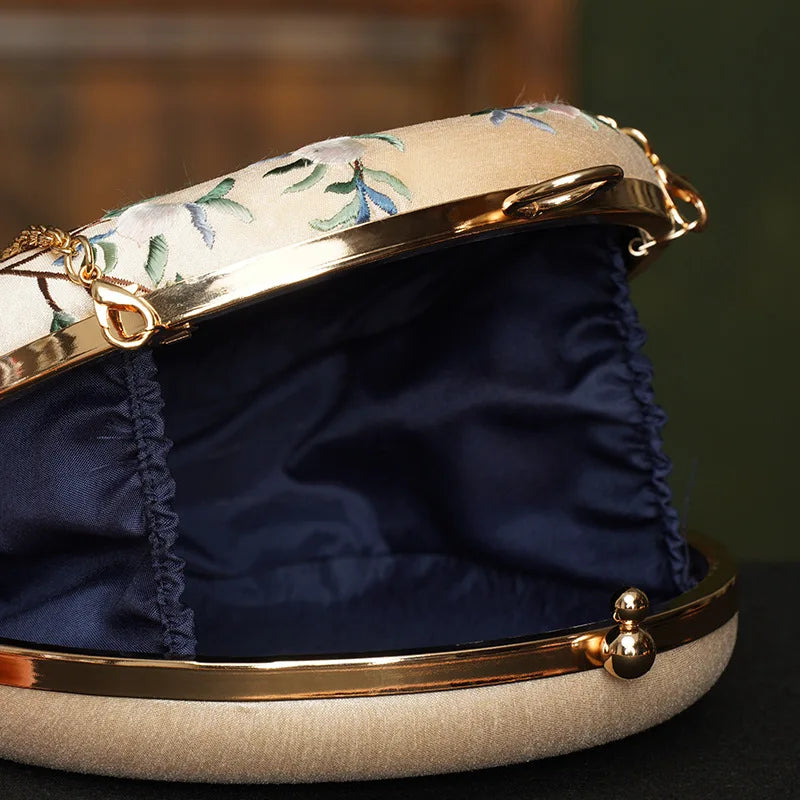 Cape-Bay Brand Women's Bag, Elegant and Classy Small Handbag, Shoulder Bag, Round Bag, Crossbody Bag, Classical Beauty, Retro Fashion, Chinese Suzhou-Style Embroidery, Landscape Painting, Floral and Bird Motifs, Beautiful Min