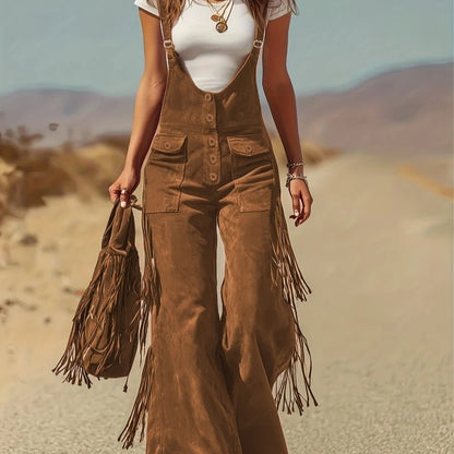 Spring Autumn New in Women's Personalized Retro Suede Tassel Wide Leg Pants Casual Loose Pocket Strap Work Pants Pants