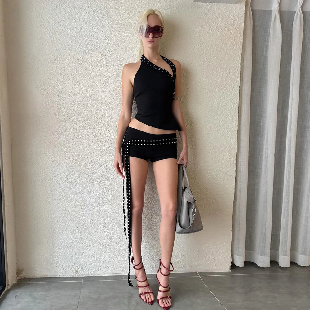 New 2026 Sexy Trending Women Summer Halter Top and Mini Short 2 Piece Sets With Eyelet Lace up Decoration Party Vacation Outfits