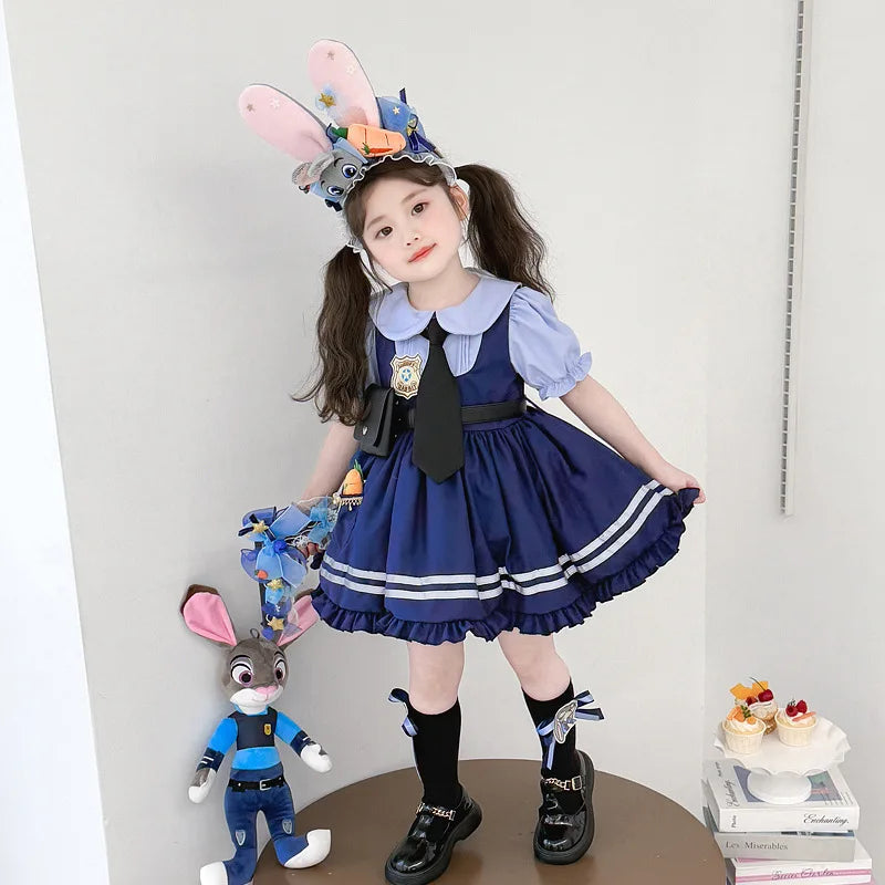Judy Officer Costumes Short-Sleeved Lolita Dress Girls Halloween Carnival Cosplay Rabbit Fancy Dress Birthday Gift for Girls