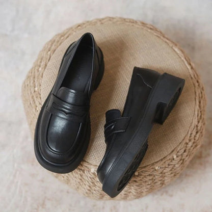 Women Black/Reddish Brown Platform Loafers Round Toe Chunky Sole Slip On Penny Loafers Comfortable Casual Office Shoes
