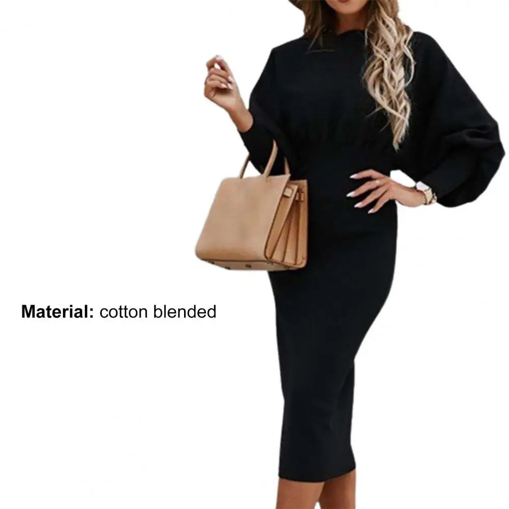 Women Autumn Dress Crew Neck Elegant Lantern Sleeve High Waist Women Bodycorn Dress Autumn Winter Office Ladies Midi Dress