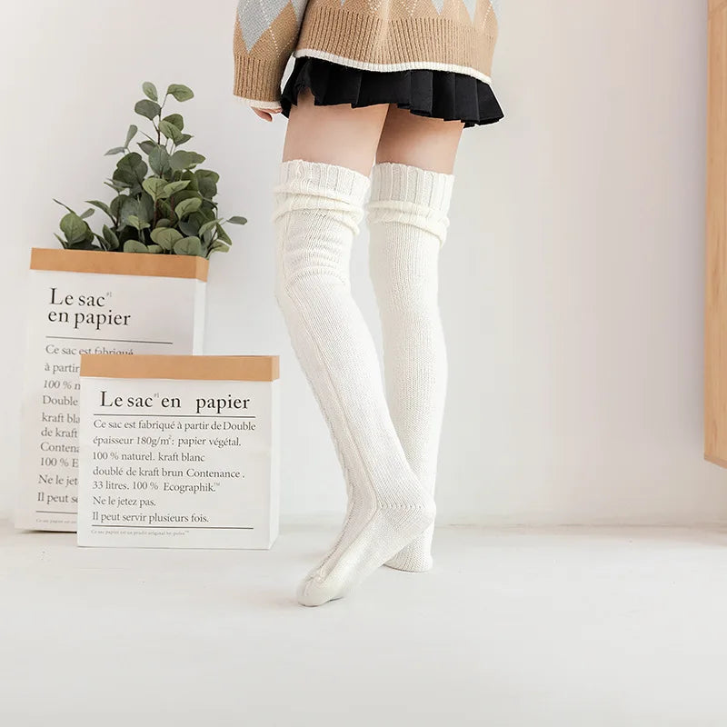 Women Winter Warm Breathable Long Johns Mohair Knee Length Knitted Wool Stretch High Sockings Femboy Leg Warmers Kawaii Clothes