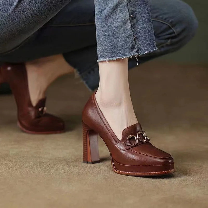 Split Cowhide Leather Shoes,Women Platform Block High Heels,Square Toe, Slip On,Retro Style,Brown,Black,Size 34-39,Dropship