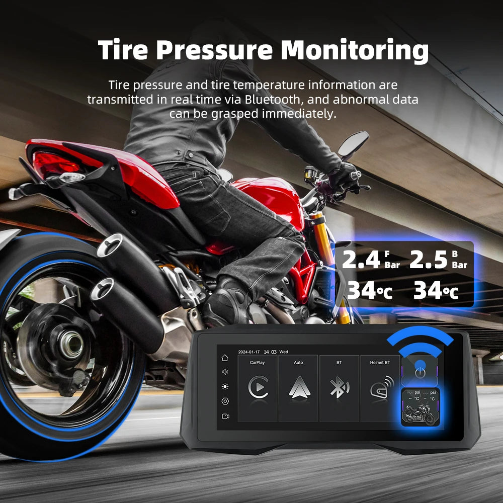 EKIY 7 inch Wireless CarPlay Moto Android Auto Portable Digital Motorcycle Dashboard GPS Navigation Display Screen Monitor TPMS