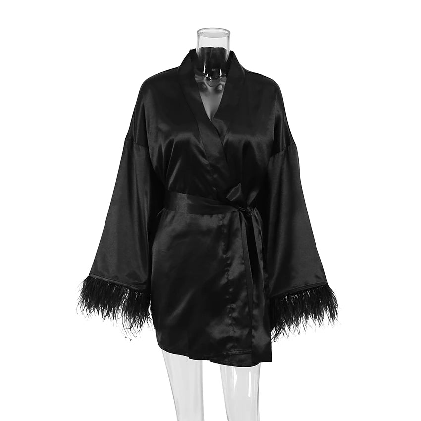 Feather Bathrobes Satin Sexy Mini Dress Long Sleeve Loose Peignoirs For Women Robe White Wedding Dress Black Bride Dresses