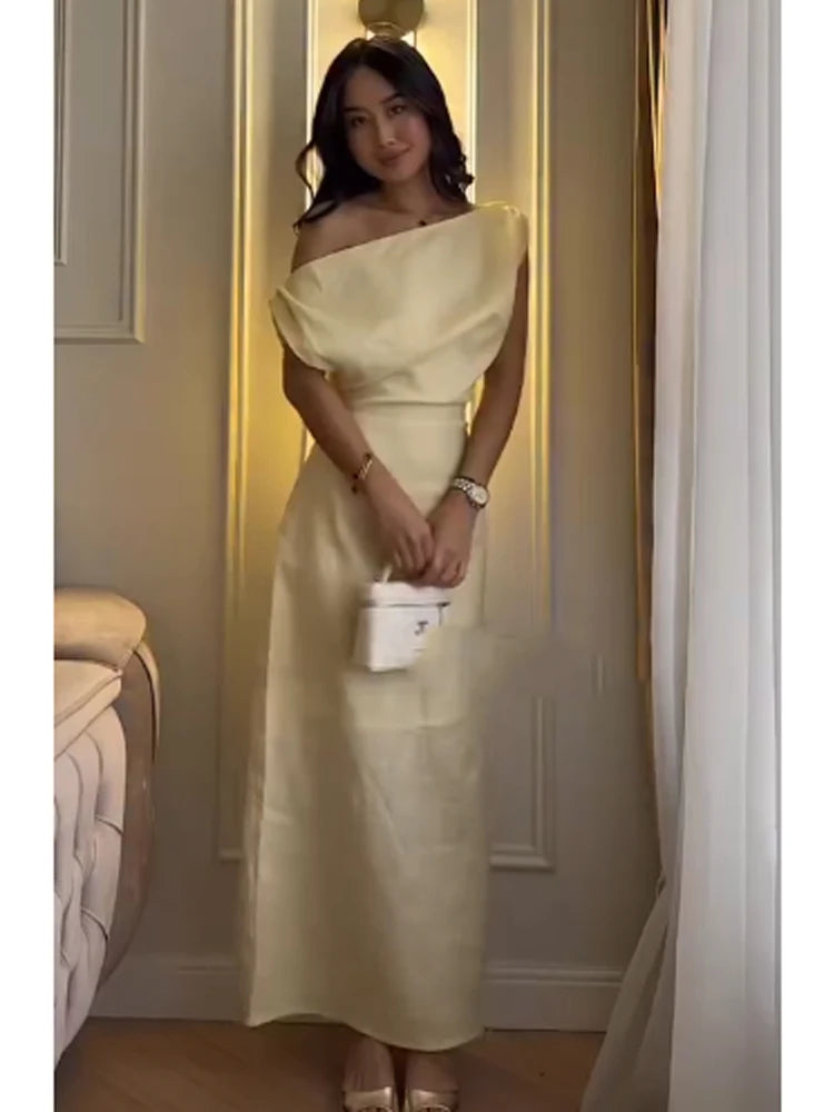 Women Off-shoulder Linen Maxi Dresses Elegant Waist-cinching Side Split Ankle-length Dresses 2026 Summer New Lady Casual Robes