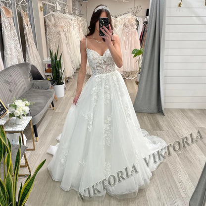VIKTORIA Fashionable A-line Wedding Dresses for Women Sweetheart Long Sleeves Pleat Appliques Zipper Robe De Soiree De Mariage