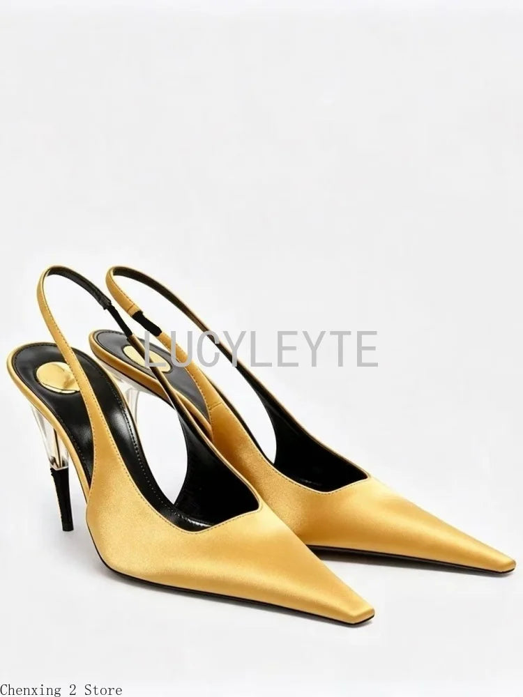 Women Satin Pointed‑Toe Stiletto Pumps with Clear Heel, Elegant Back Strap Dress Heels for Formal Dating Club Occasions