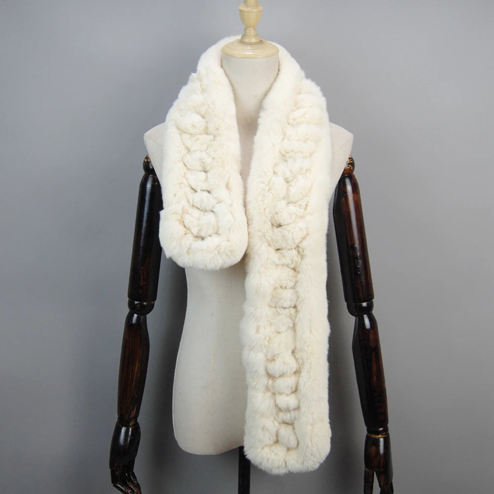 Winter Women Knitted Real Rex Rabbit Fur Scarf Natural Soft Long Style Rex Rabbit Fur Muffler Lady Warm 100% Genuine Fur Scarves