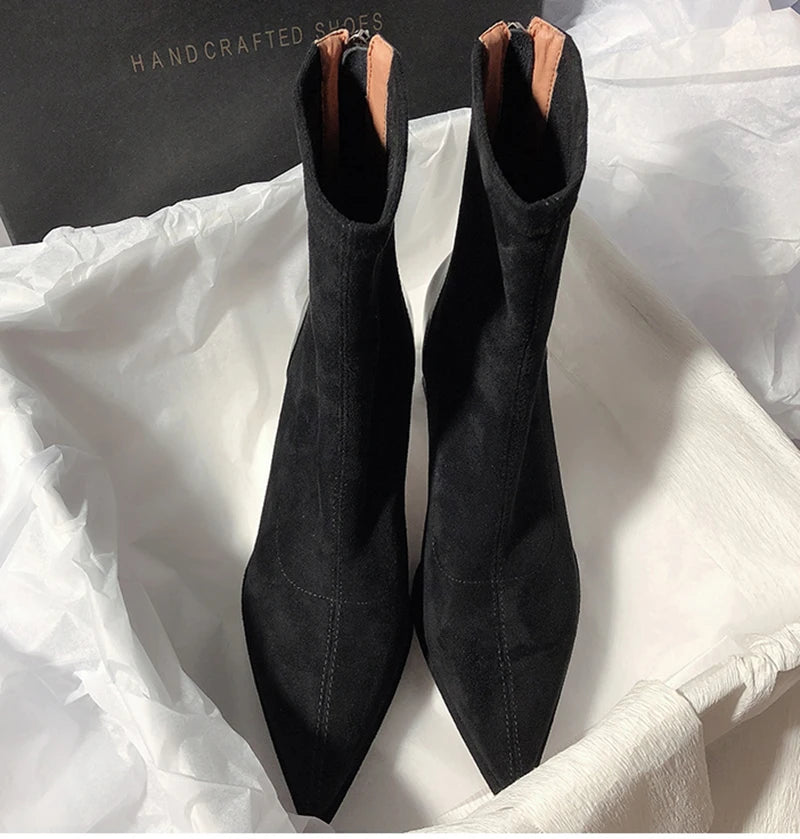 Square High Heel Women Ankle Boots Fashion Zippers Shoes Retro Style Autumn Winter Pointed Toe Ladies Dancing Party Prom Shoes