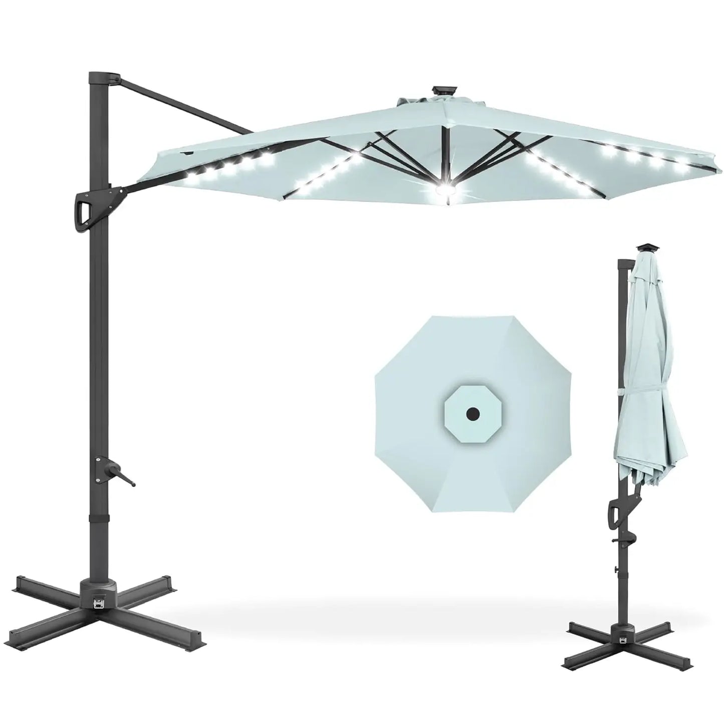 10ft Solar LED Cantilever Patio Umbrella, 360-Degree Rotation Hanging Offset Market Outdoor Sun Shade for Backyard,, Customized