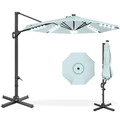 10ft Solar LED Cantilever Patio Umbrella, 360-Degree Rotation Hanging Offset Market Outdoor Sun Shade for Backyard,, Customized