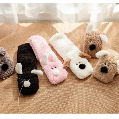 Fuzzy Fluffy Sock Women Cartoon 3D Dog Winter Warm Plush Non slip Home Sleeping Soft Female Floor Thermal Funny Slipper Sock