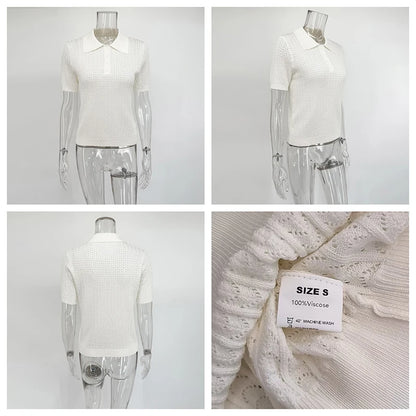 Typhaland Hollow Knitted T shirt Woman 2026 Summer New Short Sleeve Casual Loose Lapel Ins Hot Tops Lady Sweater T shirt Solid