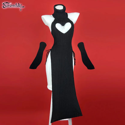 KORURACLUB Sexy Women heart Turtleneck sweater Soft knitted cheongsam long Backless dress